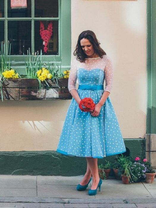 Short Blue Polka Dot Wedding Dress with 3/4 SleevesTea Length Short Vintage Wedding Dress,20110943-Dolly Gown