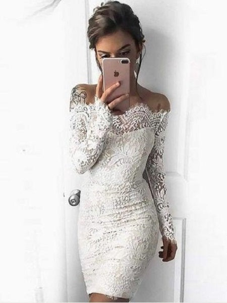 Dolly Gown Short Off The Shoulder Lace Tight Bodycon White Prom Dress with Long Sleeves,20081626