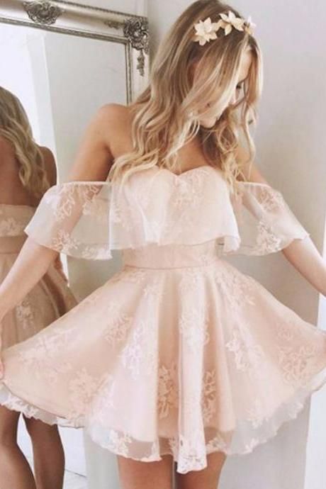 Short Pearl Pink Off-Shoulder Lace Homecoming Dress, 8th Grade Grauduation Dance Dress,201707201