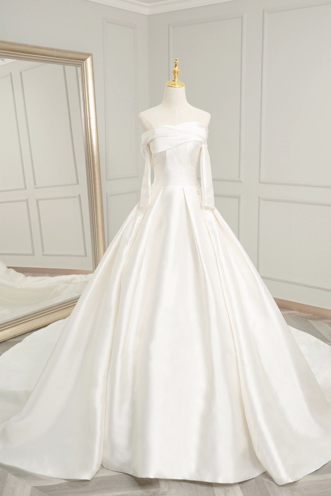Simple Ball Gown Silk Wedding Dress with Sleeves - DollyGown