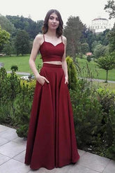 Simple Burgundy Two Piece Spaghetti Straps Long Prom Dress with Pockets,20082023