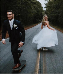 Simple Casual Halter Crop Top Long Wedding Dress with Tulle Skirt,20082214