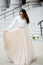 Simple Unique Long Sleeve Two Piece Wedding Dress with Beige Tulle Skirt 20082349