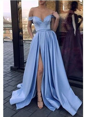 Simple Blue Satin Off Shoulders Side Slit Prom Dress Graduation Occasion Dress ,GDC1166