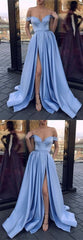 Simple Blue Satin Off Shoulders Side Slit Prom Dress Graduation Occasion Dress ,GDC1166
