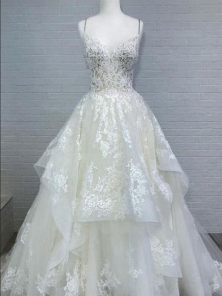 Spaghetti Straps Lace Ball Gown Wedding Dress - DollyGown