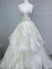 Spaghetti Straps Lace Ball Gown Wedding Dress - DollyGown