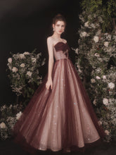 Strapless Maroon Glitter Long Prom Dress - DollyGown