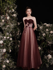 Strapless Maroon Glitter Long Prom Dress - DollyGown