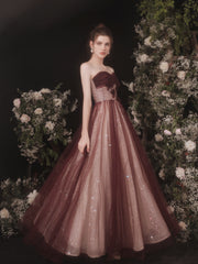 Strapless Maroon Glitter Long Prom Dress - DollyGown