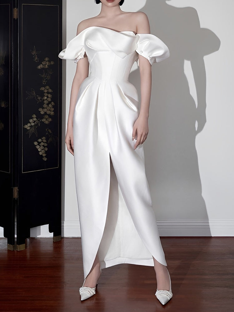 Stylish Satin Ankle Length Sheath Wedding Dress - DollyGown