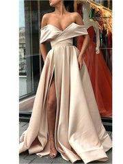 Stylish Champagne Off the Shoulder Satin Side Slit Prom Dress Senior 8th Grade Prom Gown,GDC1183