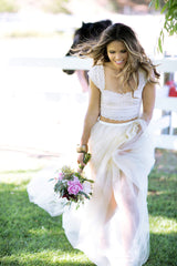 Summer Rustic Cap Sleeved Lace Top Two Piece Tulle Skirt Bridal Separates Wedding Dress,20082341