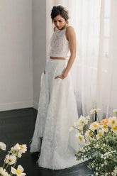 Summer Two Piece Lace Open Back Bridal Separates - DollyGown