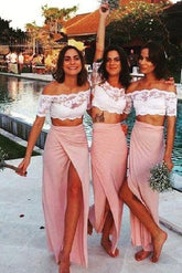 Summer Two Piece Short Sleeves Lace Crop Top Ankle Length Bridesmaid Dresses,20081818