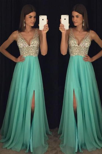 Teal Dazzling Beading Side Slit Prom Dress A-line Graduation Dress,GDC1223
