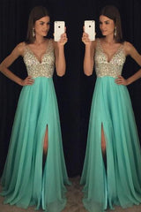 Teal Dazzling Beading Side Slit Prom Dress A-line Graduation Dress,GDC1223