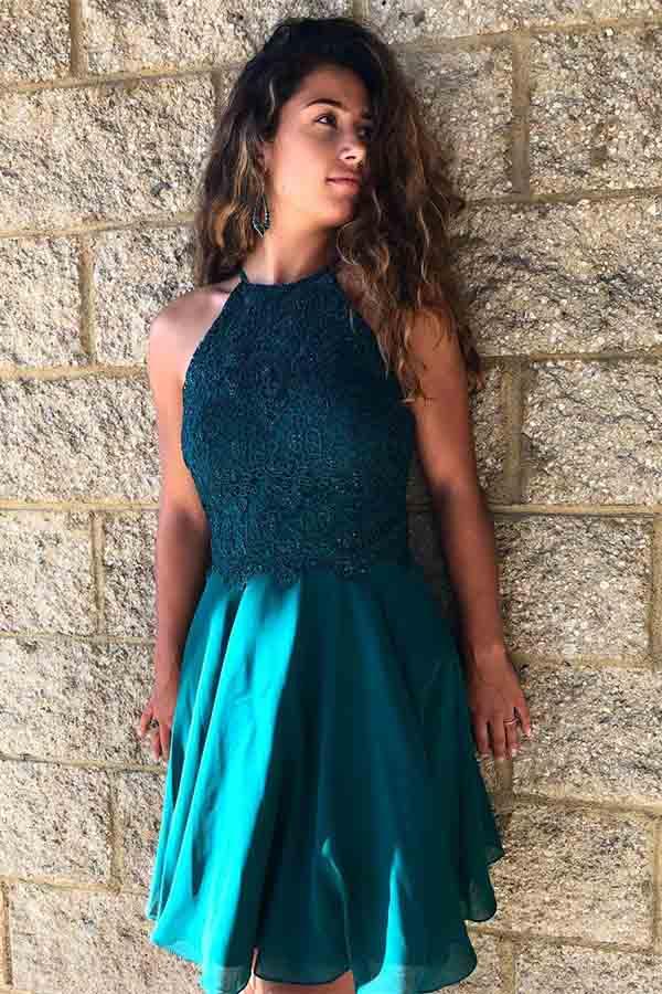 Teal Green Halter Lace Top Short Mini Prom Dress Sweet 16 Dress,GDC1309