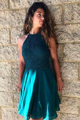 Teal Green Halter Lace Top Short Mini Prom Dress Sweet 16 Dress,GDC1309
