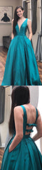 Teal Long Plunge V neck Prom Dress with Bows Back Occasion Formal Dress,GDC1298