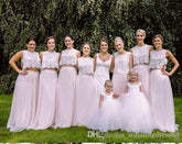 Trendy Lace Top Tulle Skirt Pink Two Piece Bridesmaid Dress,20081821