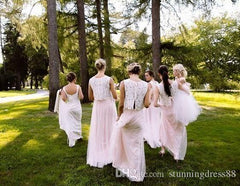 Trendy Lace Top Tulle Skirt Pink Two Piece Bridesmaid Dress,20081821