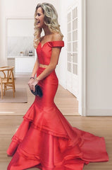 Trendy Off the Shoulder Red Mermaid Two Piece Long Bodycon Prom Dress,20081910