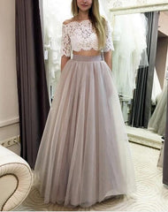 Trendy Off the Shoulder Lace Crop Top Bridal Separates with Grey Tulle Skirt,20082556