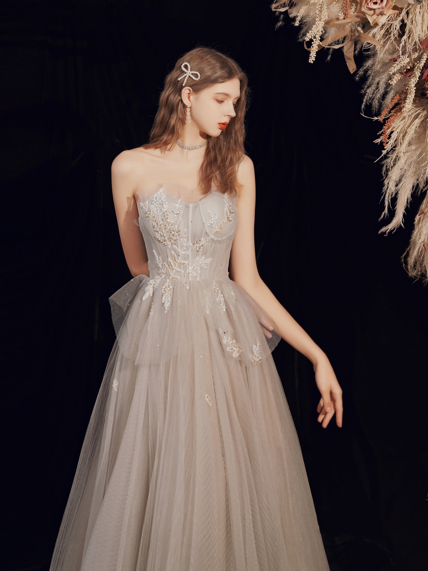 Tulle Flowy Boho Light Gray Prom Dress - DollyGown