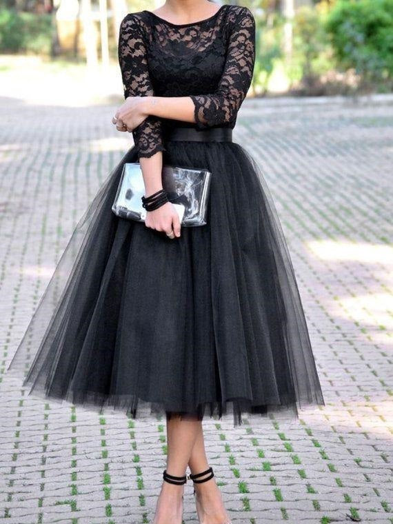 Two Piece Tulle Skirt Bridesmaid Dresses Black Tea Length Bridesmaid  Dresses with Sleeves Black Prom Dress