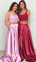 Cute Long Side Slit Two Piece Occasion Graduation Red Prom Dress Sweet 16 Dress,GDC1106-Dolly Gown