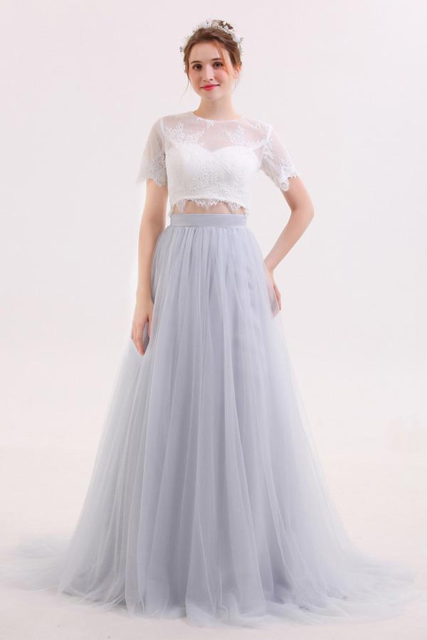Long Tulle Skirt Two Piece Wedding Dress with Lace Crop Top,GDC1215-Dolly Gown