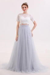 Long Tulle Skirt Two Piece Wedding Dress with Lace Crop Top,GDC1215-Dolly Gown