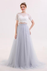 Long Tulle Skirt Two Piece Wedding Dress with Lace Crop Top,GDC1215-Dolly Gown