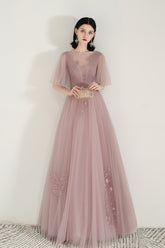 Unique Dusty Rose Long Flowy Prom Dress - DollyGown