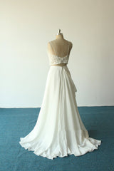 Unique Flowy Chiffon Spaghetti Straps Two Piece Crop Top Bridal Wedding Dress,20082227