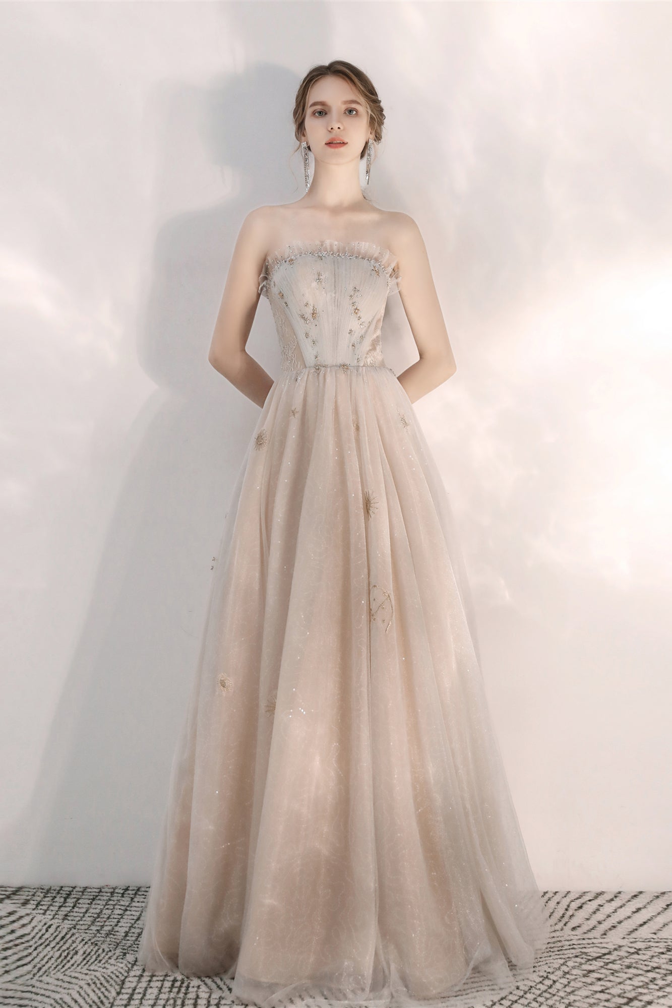 Unique Strapless Champagne Formal Prom Dress - DollyGown