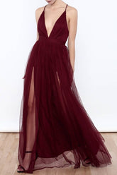 Unique Plunge V neck Burgundy Chiffon Flowy Prom Dress with Side Slits,GDC1112