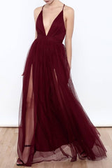 Unique Plunge V neck Burgundy Chiffon Flowy Prom Dress with Side Slits,GDC1112