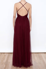 Unique Plunge V neck Burgundy Chiffon Flowy Prom Dress with Side Slits,GDC1112