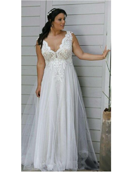 V neck A-line Tulle Plus Size Wedding Dress with Lace Appliques top ,GDC1085