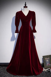 Vintage Long Sleeve Burgundy Velvet Prom Dress -DollyGown