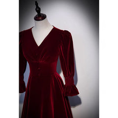 Vintage Long Sleeve Burgundy Velvet Prom Dress -DollyGown