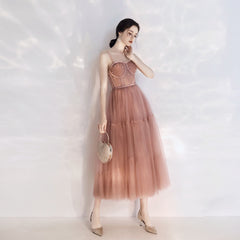 Vintage Peach Pink Tea Length Prom Dress - DollyGown