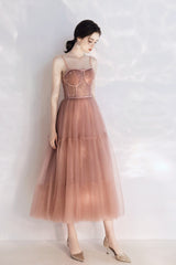 Vintage Peach Pink Tea Length Prom Dress - DollyGown