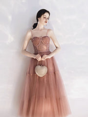 Vintage Peach Pink Tea Length Prom Dress - DollyGown
