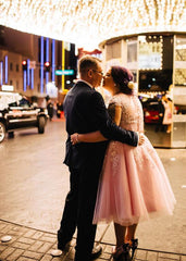 Vintage Pink Lace Appliques Tea Length Wedding Dress,20110634