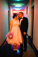 Vintage Pink Lace Appliques Tea Length Wedding Dress,20110634