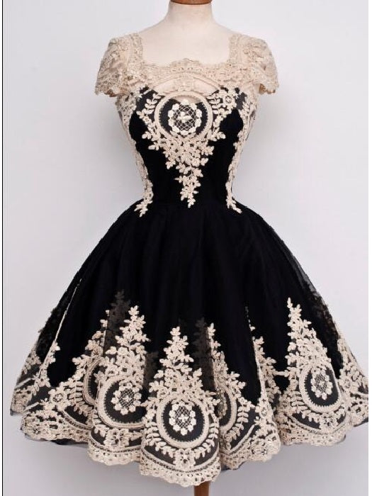 Vintage Prom Dress Short Prom Dress 1950s Black Prom Dress with Gold Lace Appliques Fashion Prom Dress,MA090