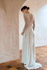 Vintage Silk Wedding Dress with Long Sleeves - DollyGown